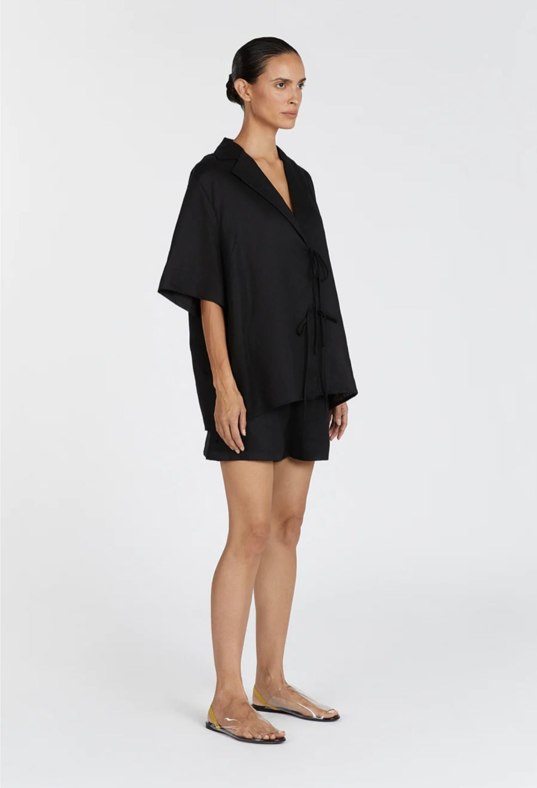 Black Linen Top with Tie-Ups