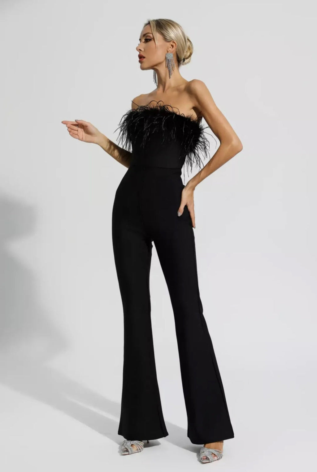 Black Jumpsuit with Ostrich Feathers | Tube Jumpsuit | Feather Jumpsuit | Summer Clothing