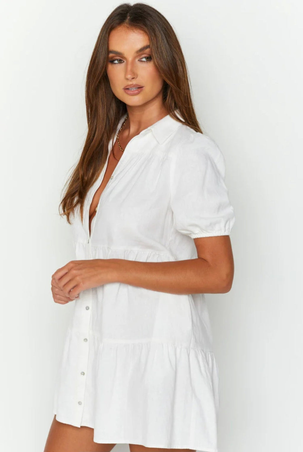 White Cotton Mini Buttoned Dress