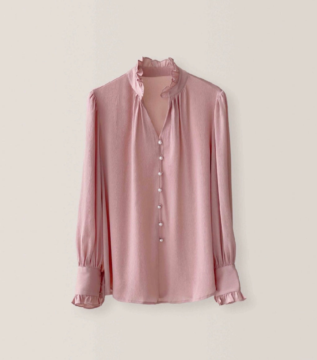 Frilled Chiffon Long Sleeve Top with Pearl Buttons