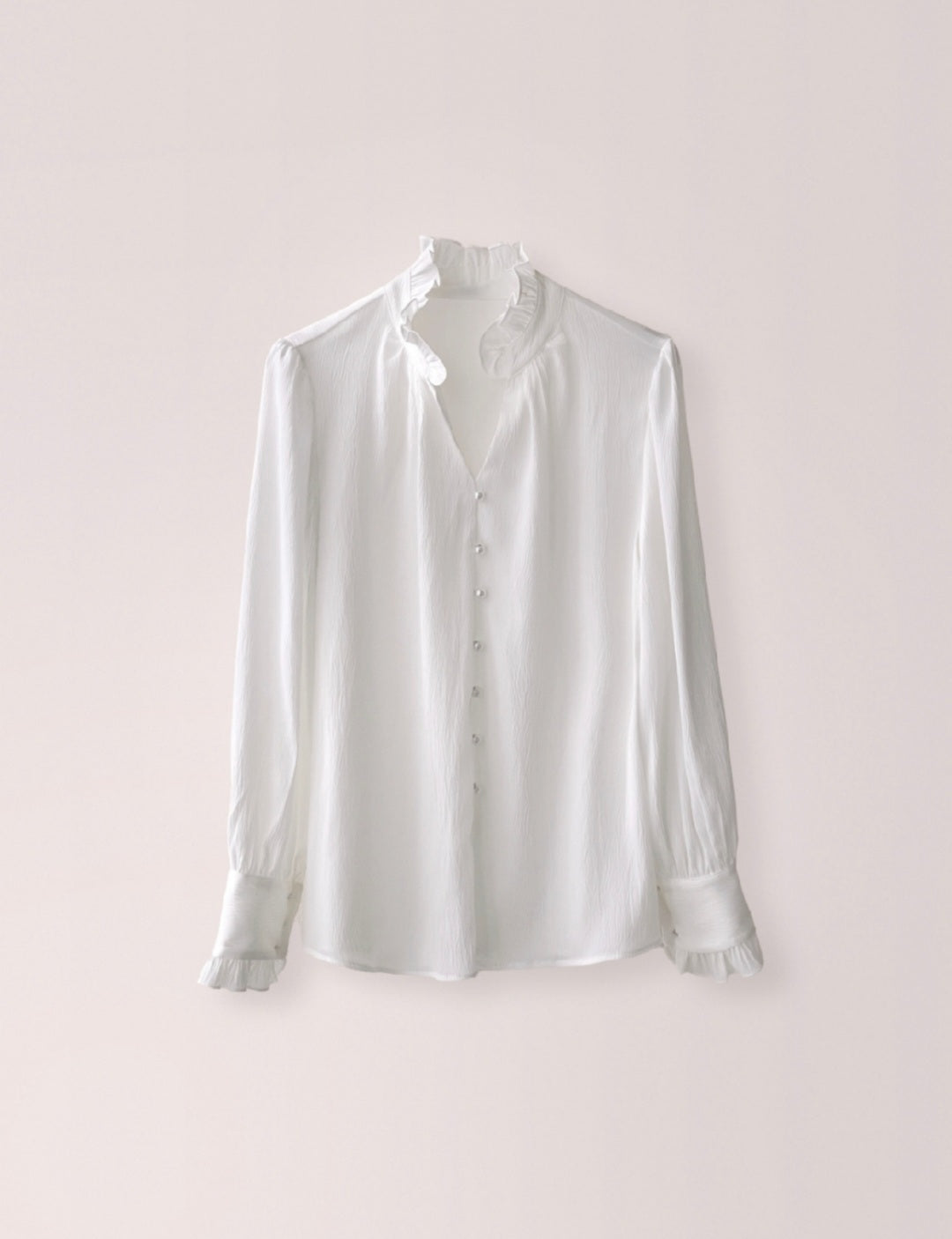 Frilled Chiffon Long Sleeve Top with Pearl Buttons