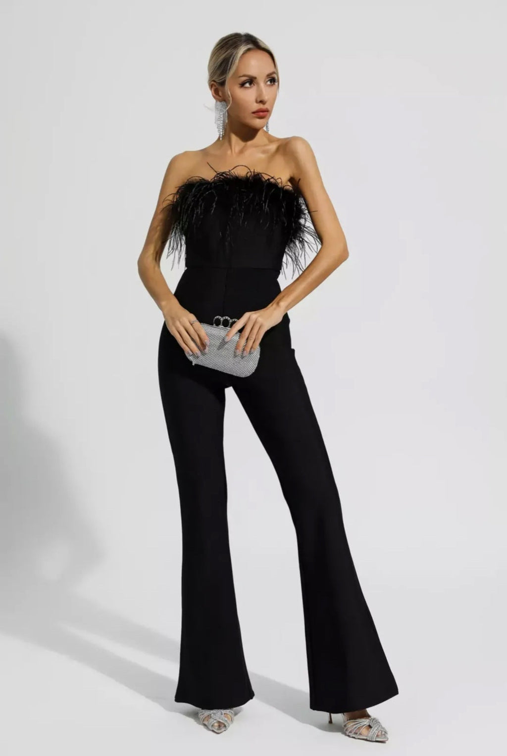 Black Jumpsuit with Ostrich Feathers | Tube Jumpsuit | Feather Jumpsuit | Summer Clothing