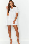White Cotton Mini Buttoned Dress
