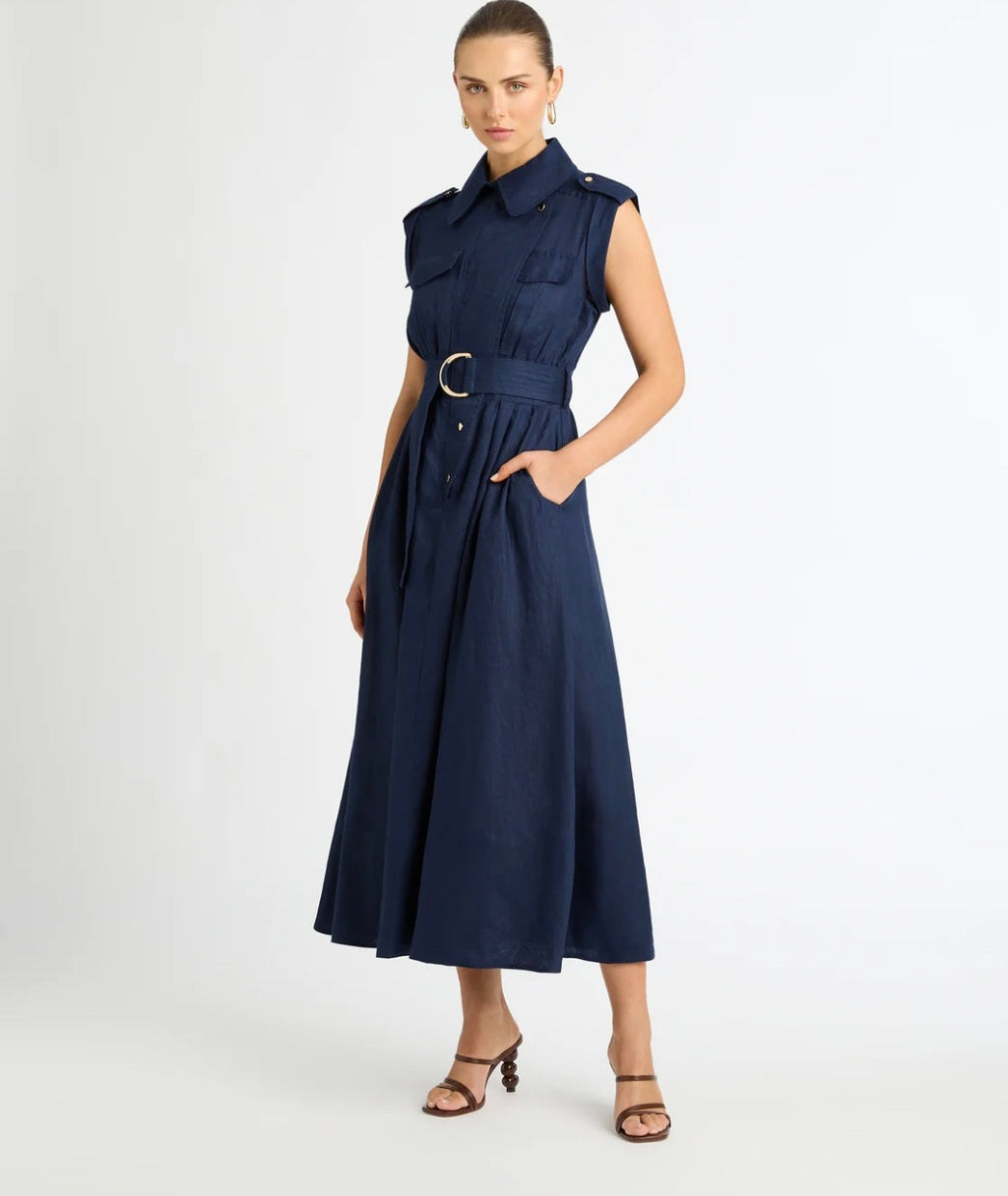 Blue Linen Midi Dress (syncee)