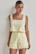 Butter Yellow Linen Shorts – High-Waist with Scalloped Hem