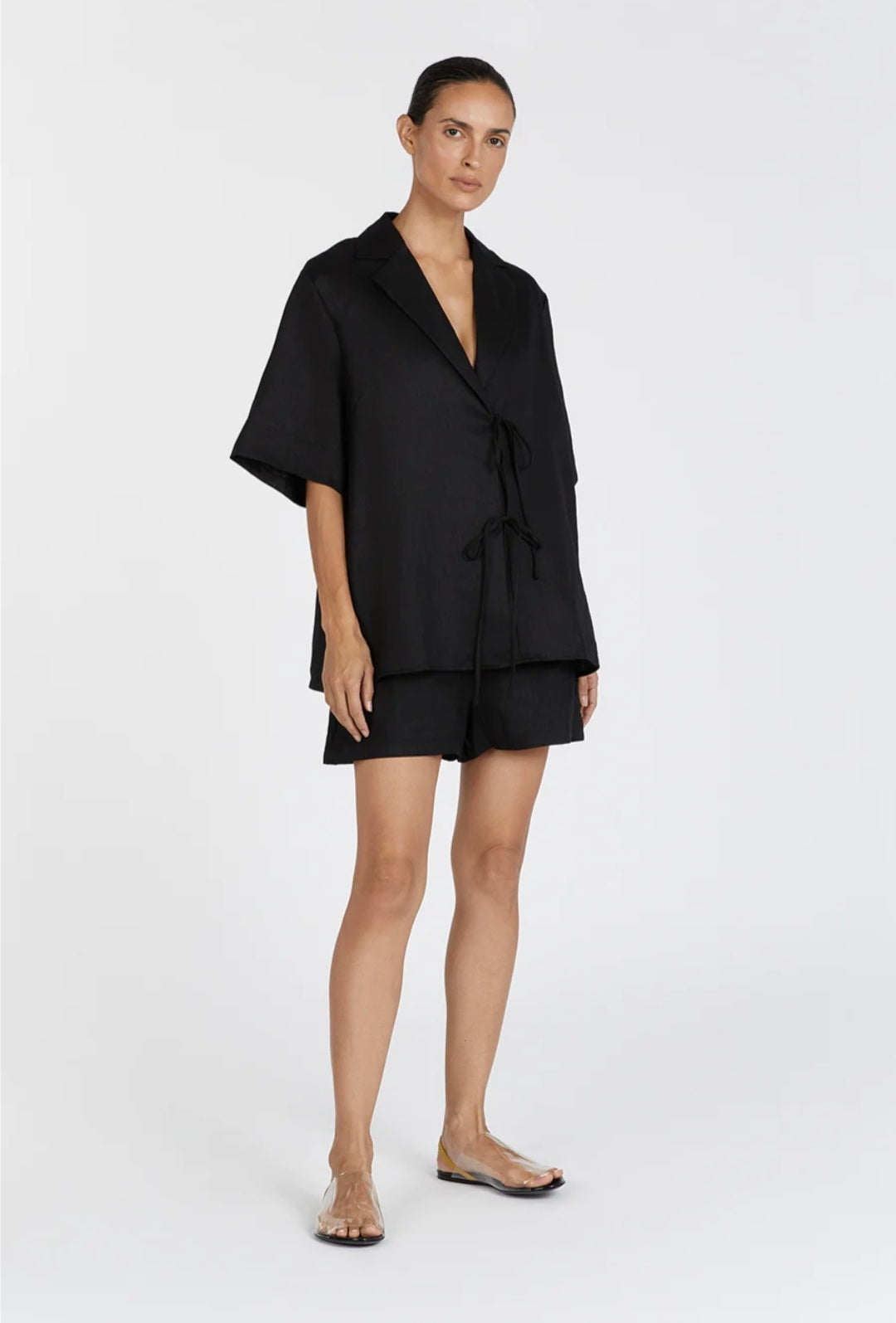 Black Linen Top with Tie-Ups