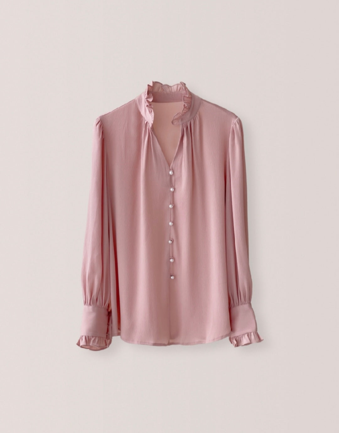 Frilled Chiffon Long Sleeve Top with Pearl Buttons