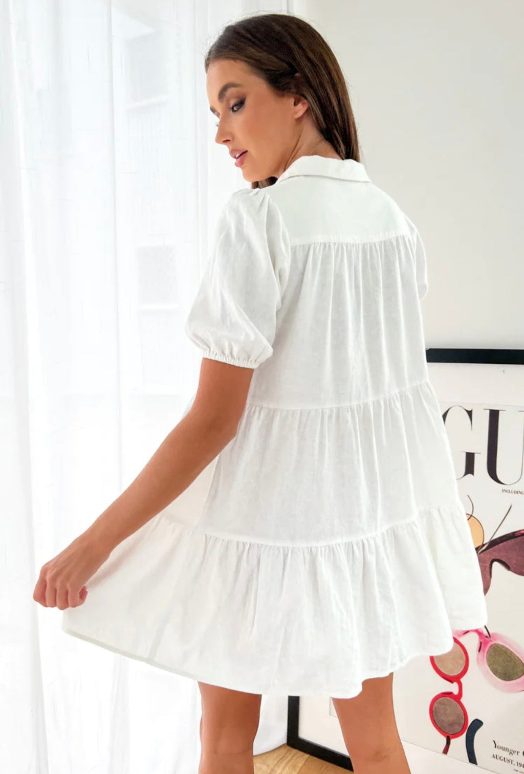 White Cotton Mini Buttoned Dress