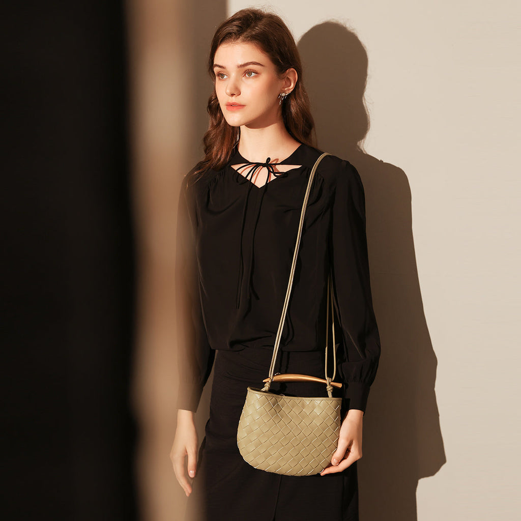 Sculpted Riviera Woven Leather Hobo Bag – Metal Arc Handle Shoulder Bag with Hand-Knotted Details & Convertible Strap
