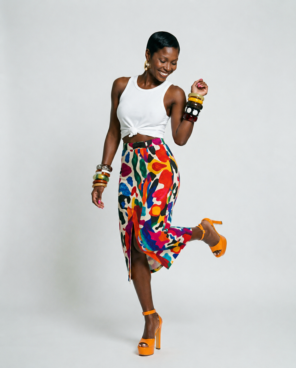 Vibrant Printed Split Denim Printed Skirt