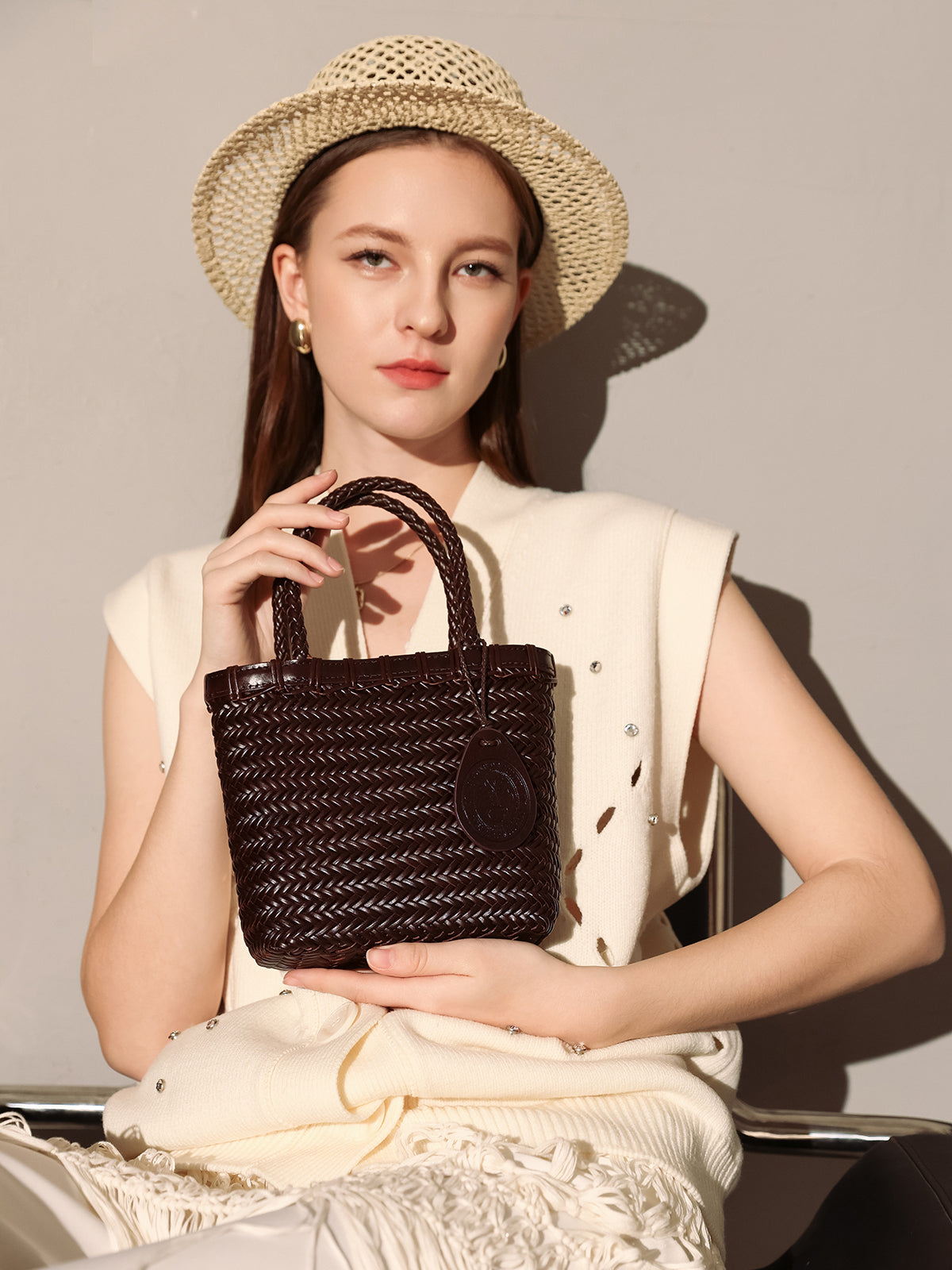 Siena Handwoven Calf Leather Basket Tote – Artisan Herringbone Leather Carryall with Signature Charm