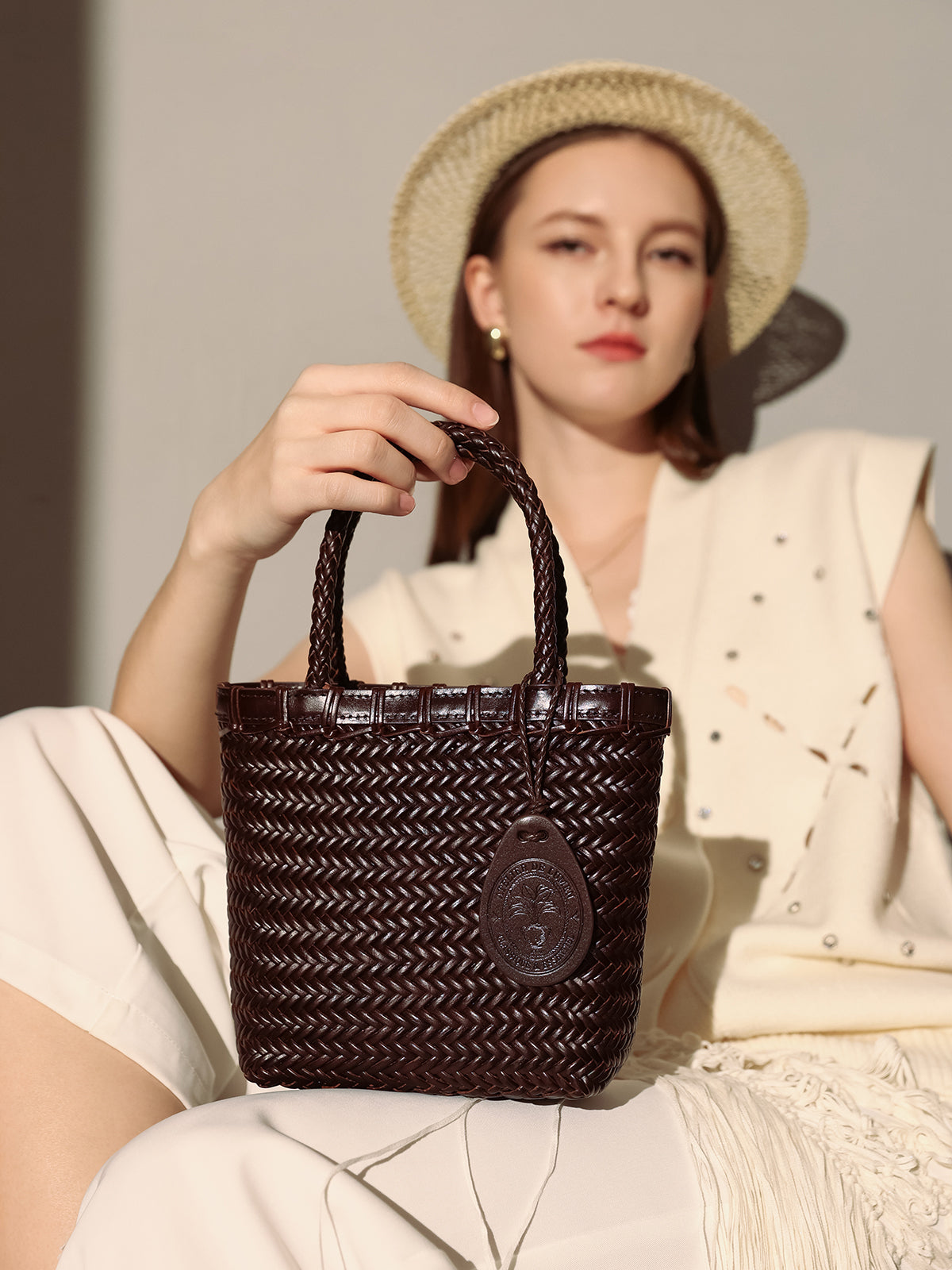 Siena Handwoven Calf Leather Basket Tote – Artisan Herringbone Leather Carryall with Signature Charm