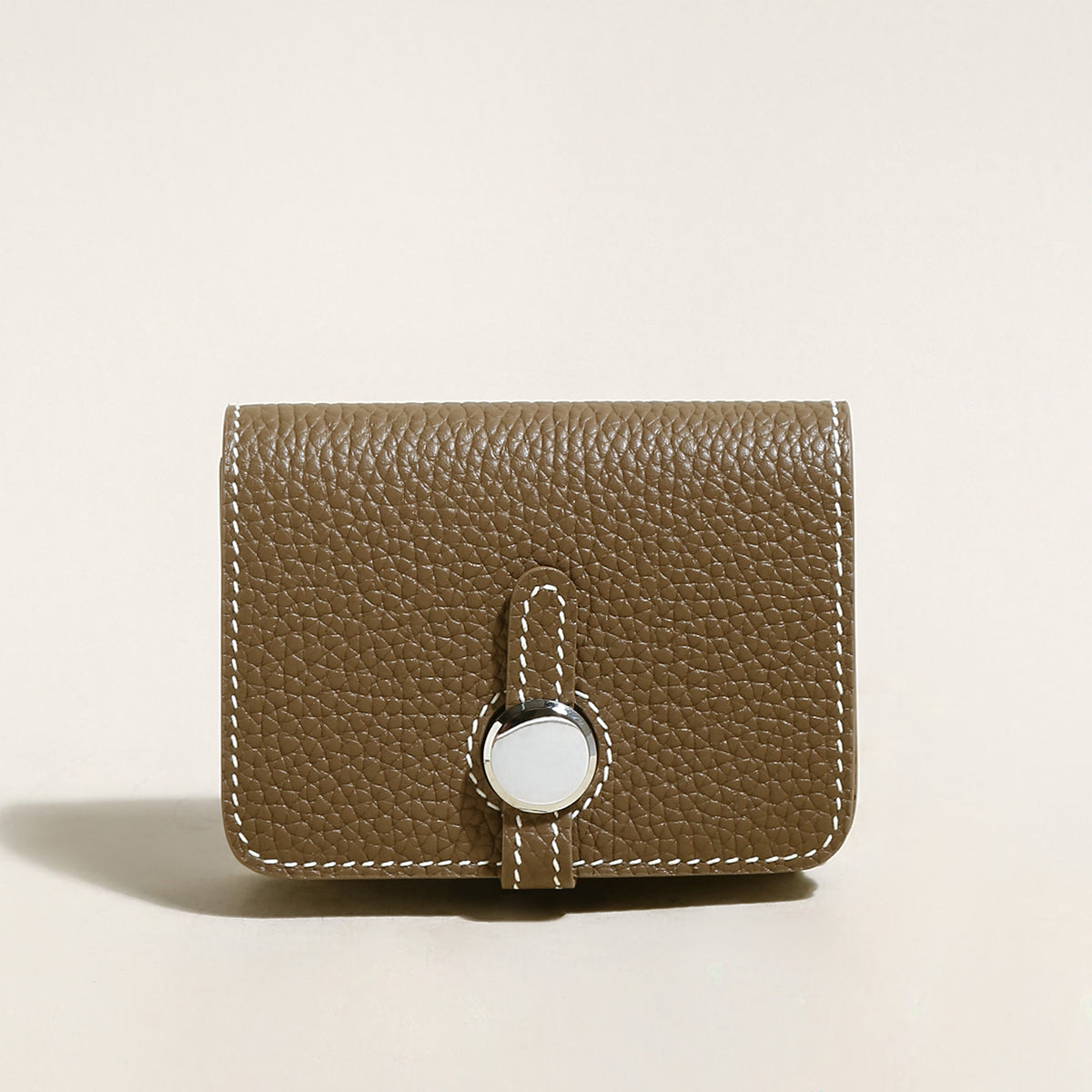 Taupe Slim Leather Wallet with Detachable Strap – Pebble-Grain Mini Crossbody Wallet & Clutch