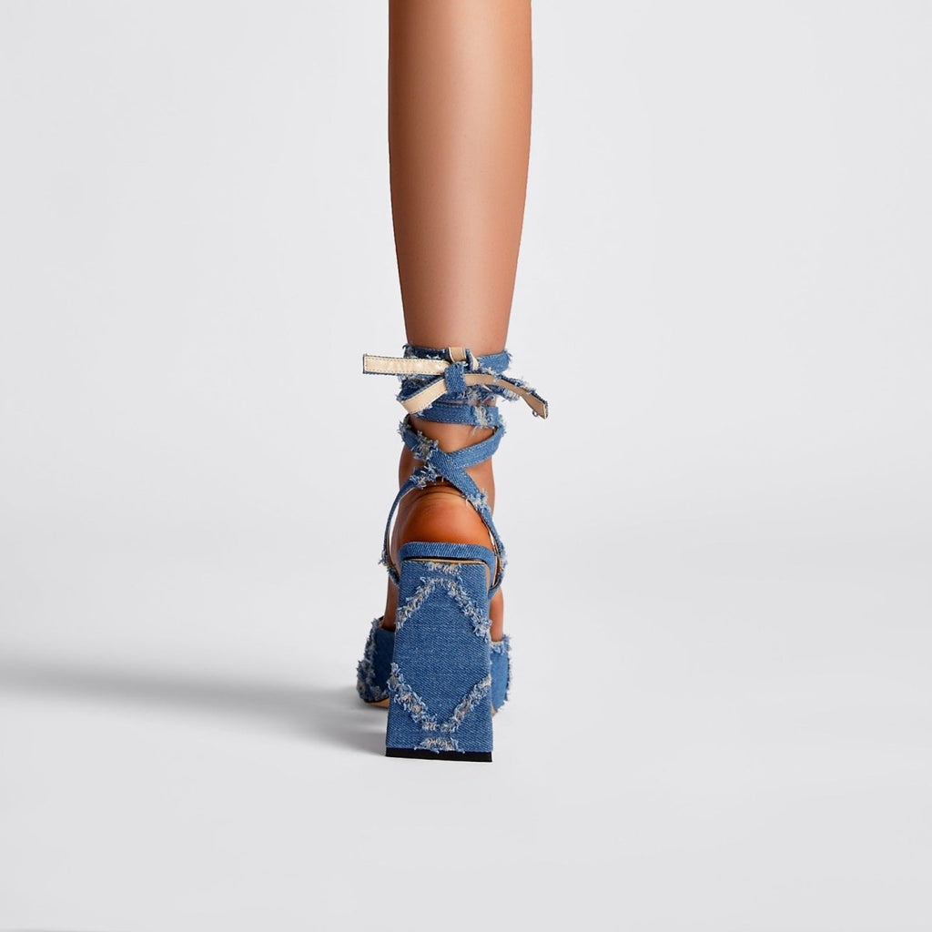 Square Toe Diamond Pattern Denim Ankle Strap Sandals