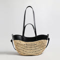 Handwoven Straw Leather Tote Bag – Summer Beach Bag with Multi-Pocket Organization