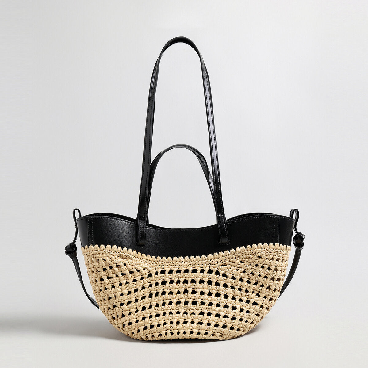 Handwoven Straw Leather Tote Bag – Summer Beach Bag with Multi-Pocket Organization