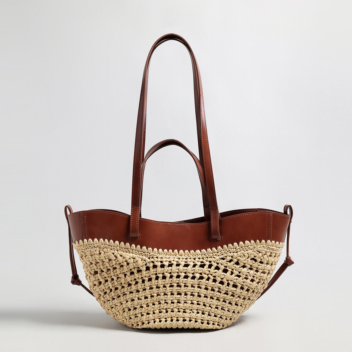 Handwoven Straw Leather Tote Bag – Summer Beach Bag with Multi-Pocket Organization