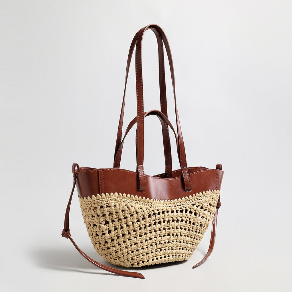 Handwoven Straw Leather Tote Bag – Summer Beach Bag with Multi-Pocket Organization