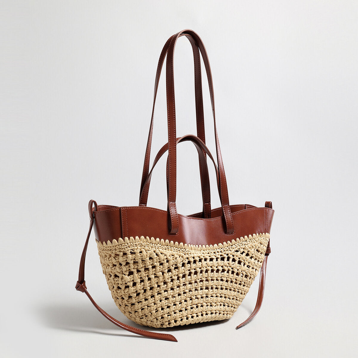 Handwoven Straw Leather Tote Bag – Summer Beach Bag with Multi-Pocket Organization