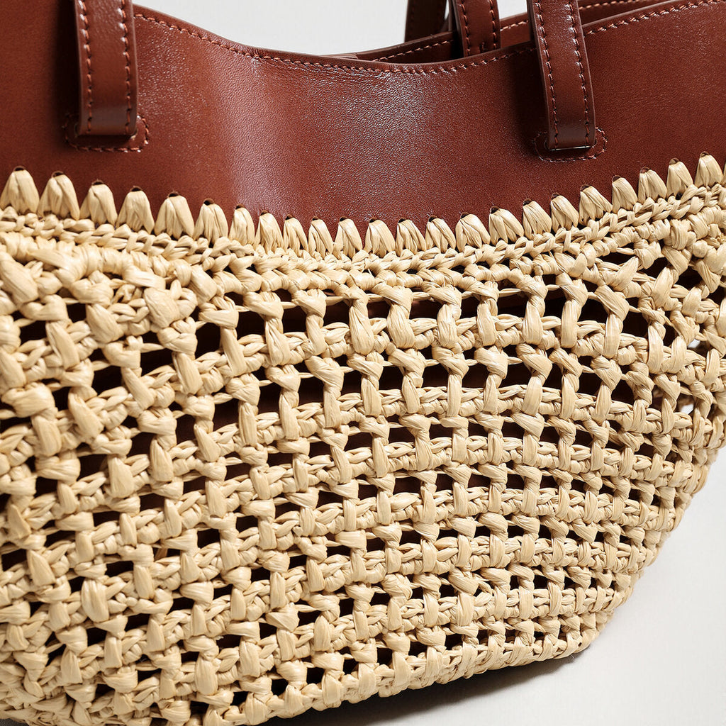 Handwoven Straw Leather Tote Bag – Summer Beach Bag with Multi-Pocket Organization