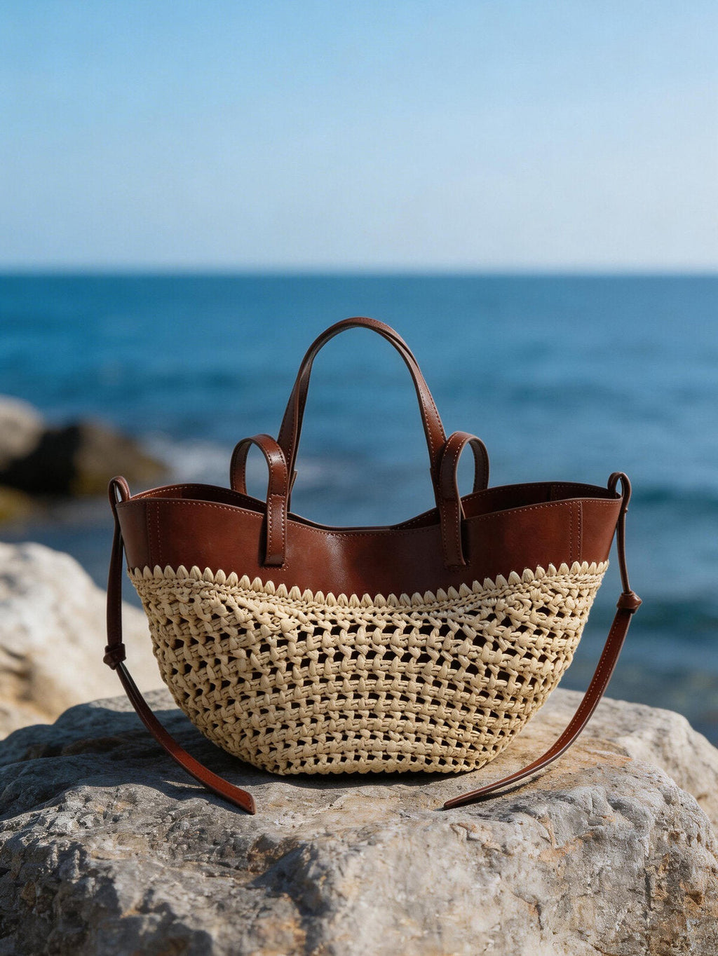 Handwoven Straw Leather Tote Bag – Summer Beach Bag with Multi-Pocket Organization