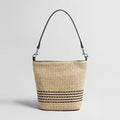 Striped Woven Straw Bucket Bag – Marte Grass Leather Trim Crossbody with Dual Straps