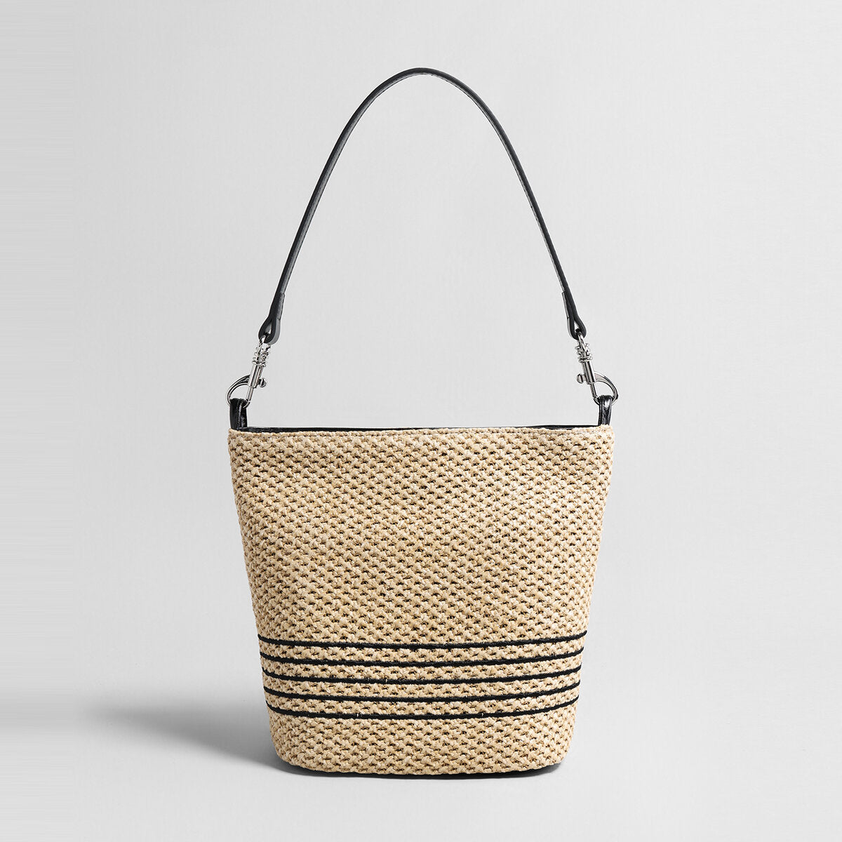 Striped Woven Straw Bucket Bag – Marte Grass Leather Trim Crossbody with Dual Straps