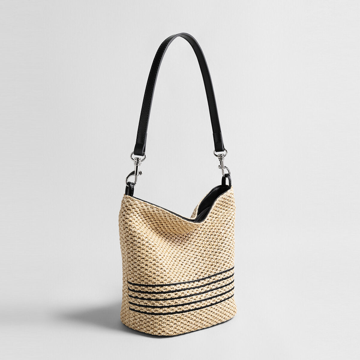 Striped Woven Straw Bucket Bag – Marte Grass Leather Trim Crossbody with Dual Straps