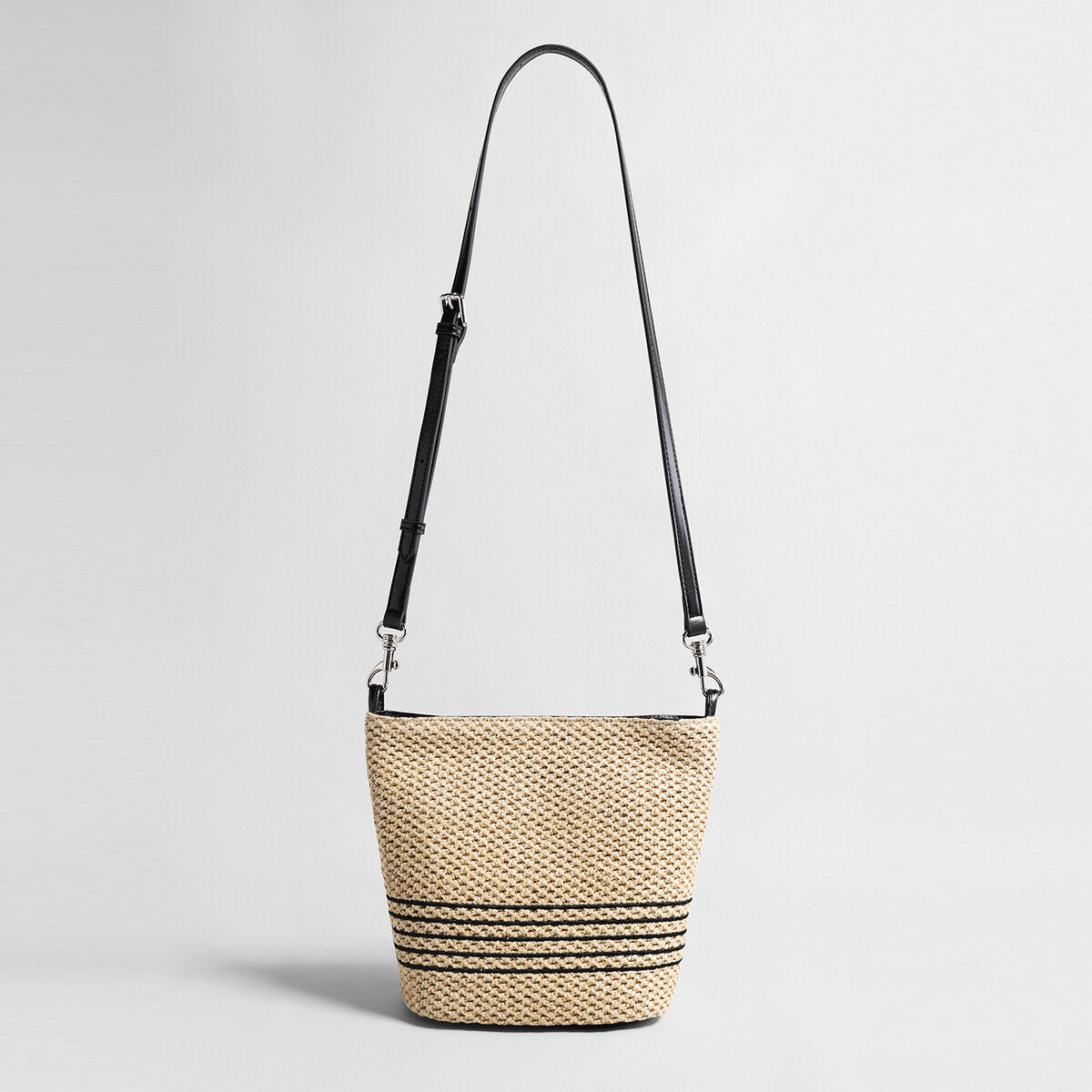 Striped Woven Straw Bucket Bag – Marte Grass Leather Trim Crossbody with Dual Straps