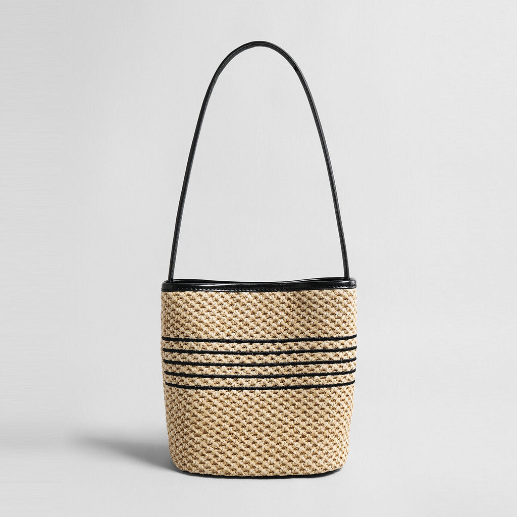 Striped Woven Straw Bucket Bag – Marte Grass Leather Trim Shoulder Bag