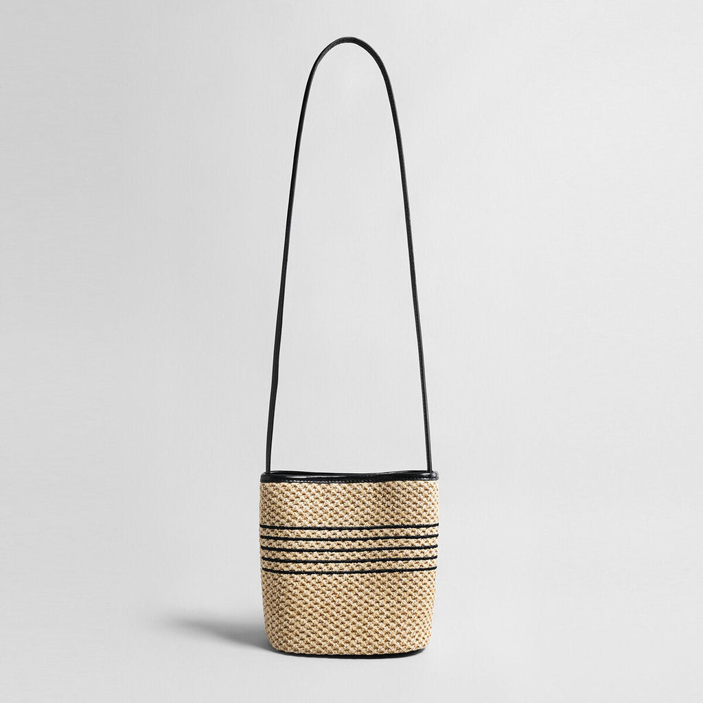 Striped Woven Straw Bucket Bag – Marte Grass Leather Trim Shoulder Bag