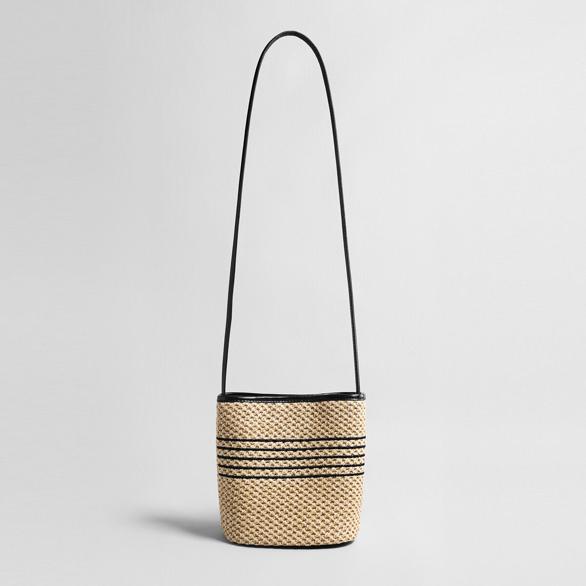 Striped Woven Straw Bucket Bag – Marte Grass Leather Trim Shoulder Bag