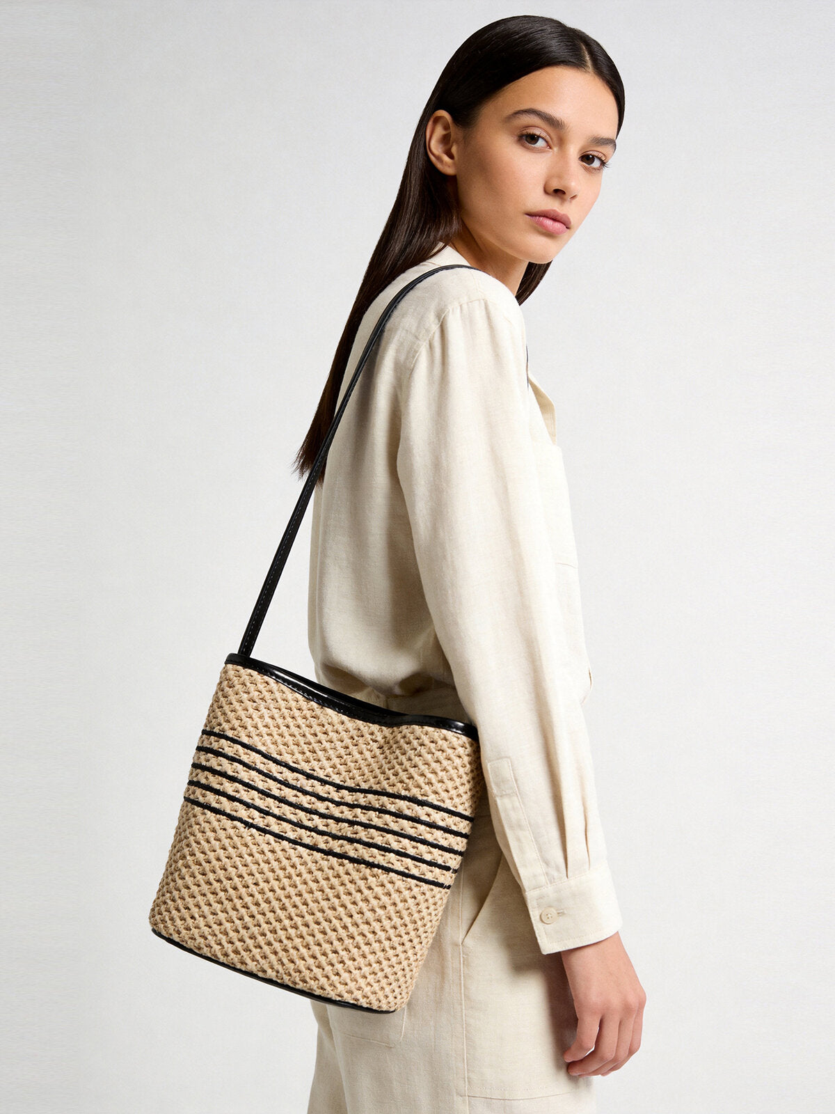 Striped Woven Straw Bucket Bag – Marte Grass Leather Trim Shoulder Bag