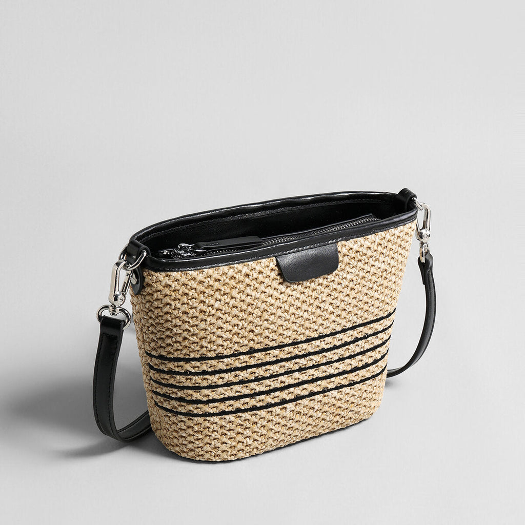 Striped Woven Straw Crossbody Bag – Marte Grass Leather Trim with Zip Closure