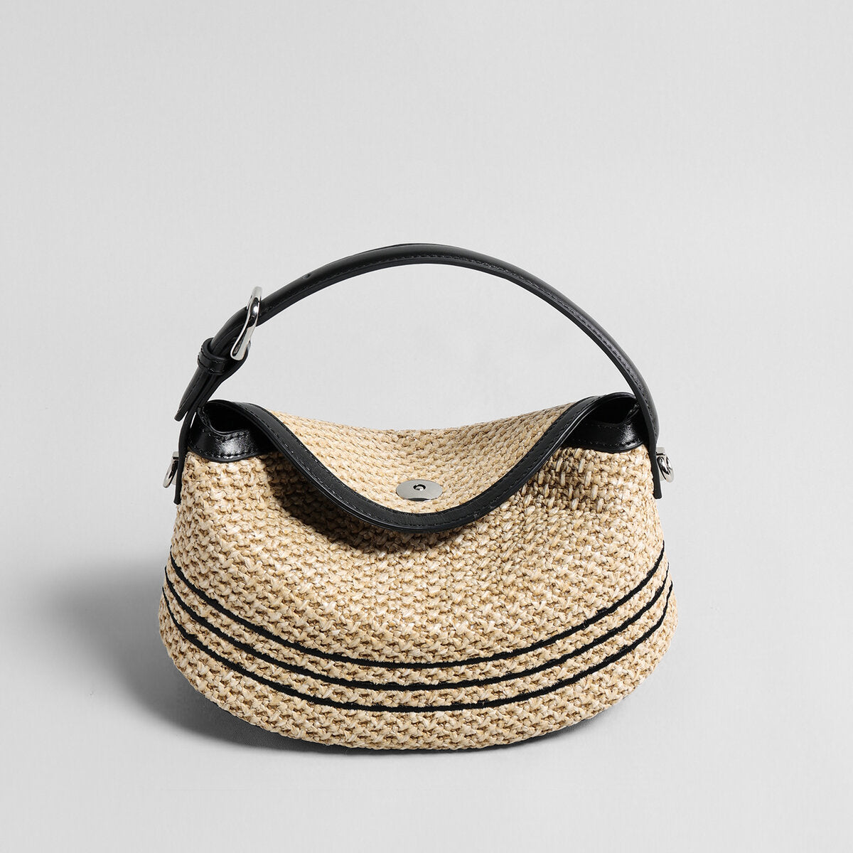 Striped Woven Straw Hobo Bag – Marte Grass Leather Trim Crossbody with Dual Straps