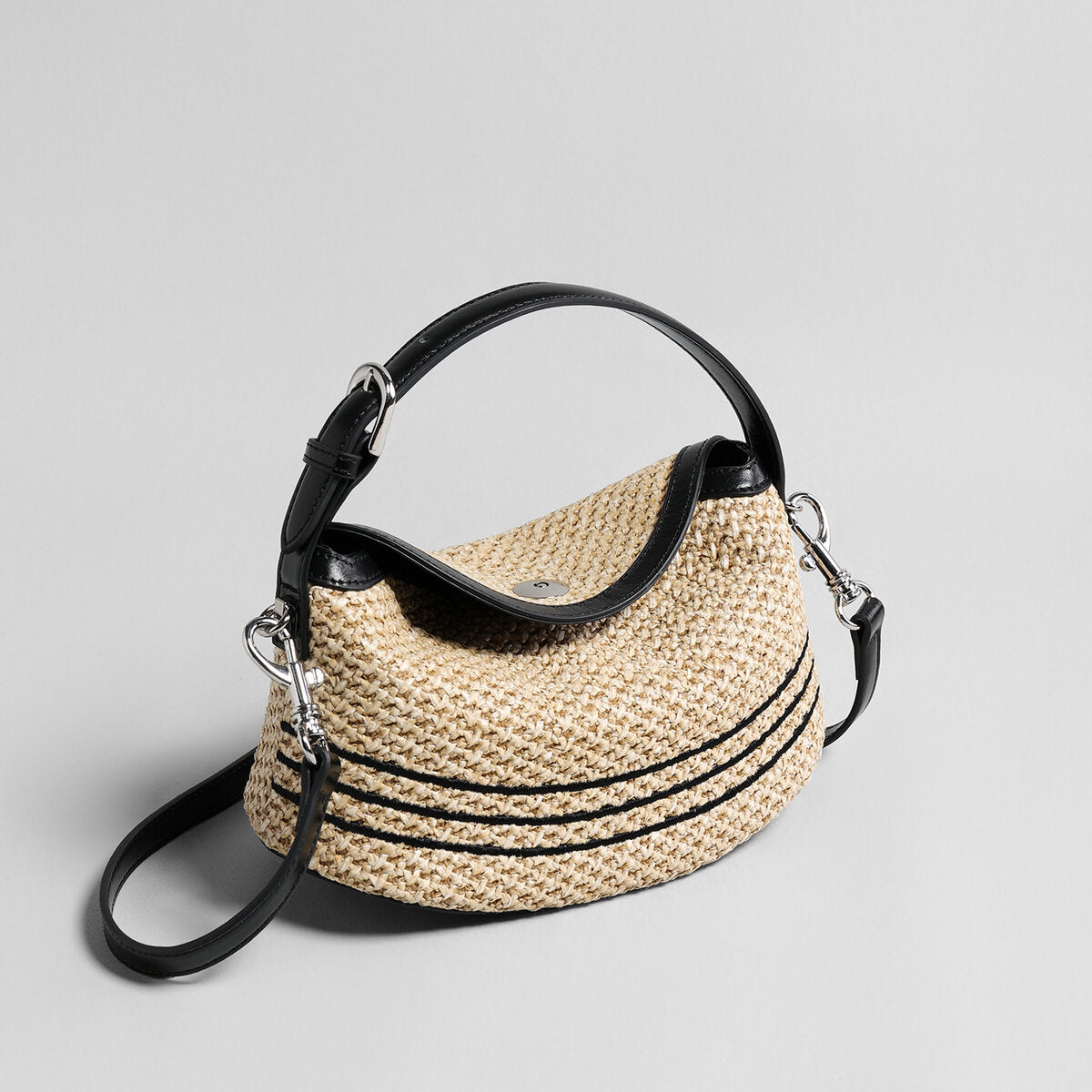 Striped Woven Straw Hobo Bag – Marte Grass Leather Trim Crossbody with Dual Straps