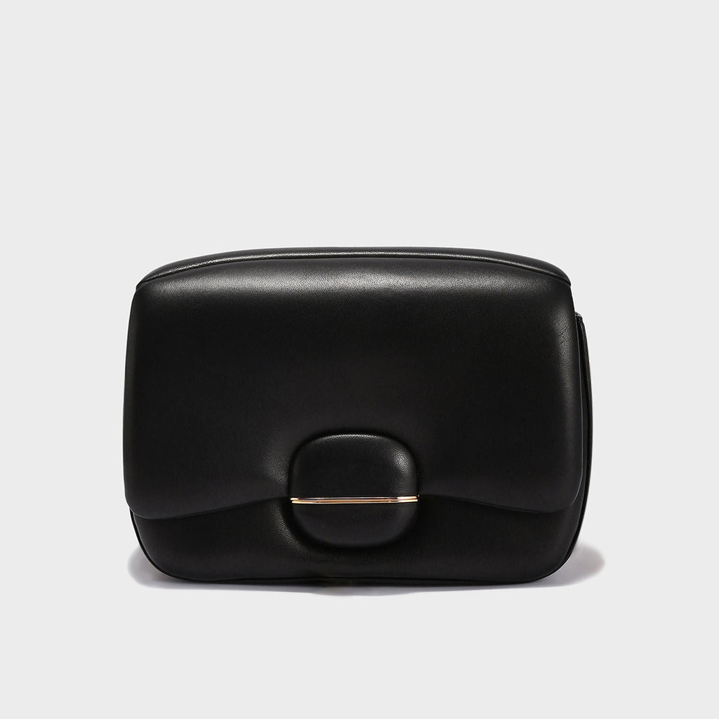 Structured Buckle Leather Shoulder Bag – Sculptural Lambskin Flap Bag with Gold Chain Strap