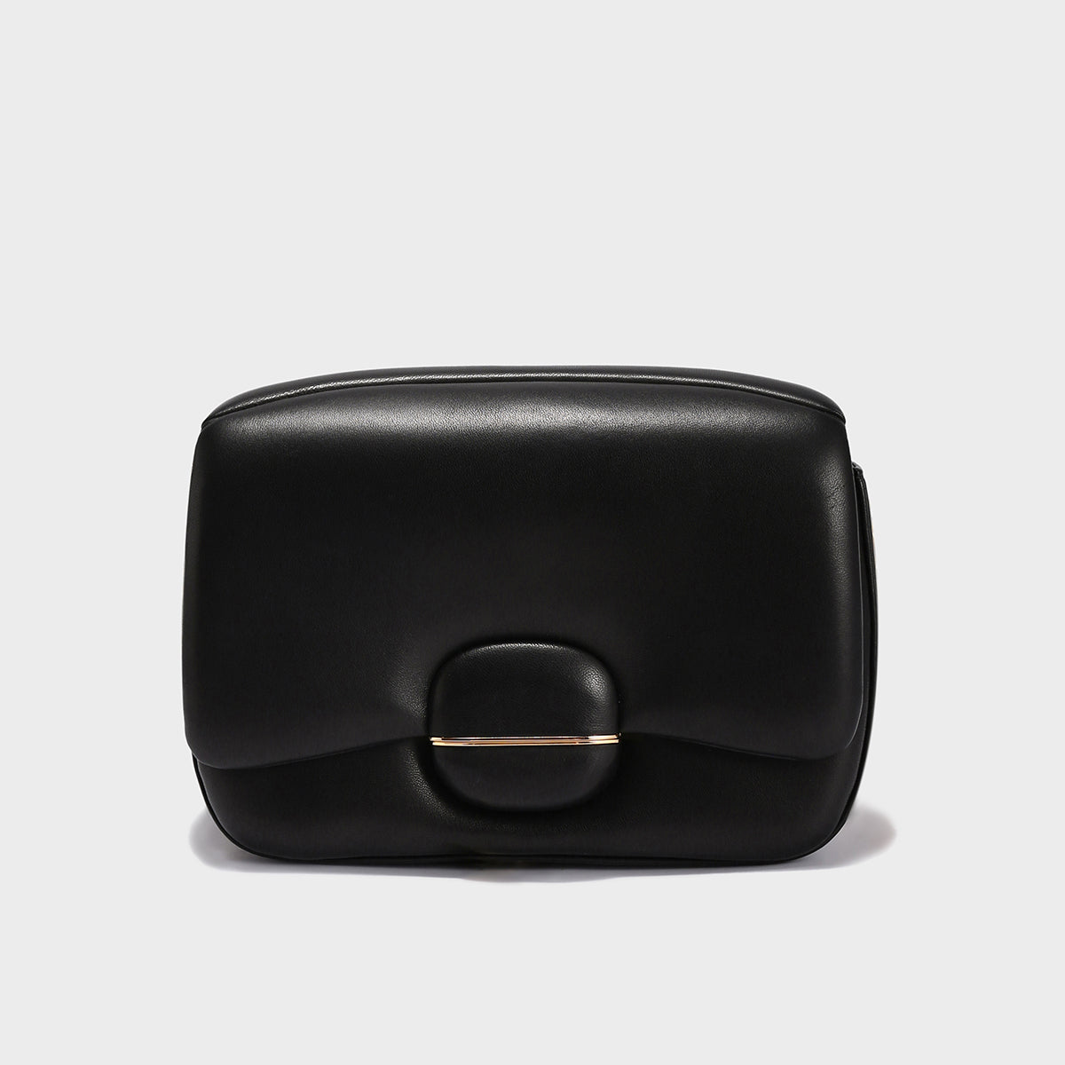 Structured Buckle Leather Shoulder Bag – Sculptural Lambskin Flap Bag with Gold Chain Strap
