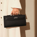 Structured Saffiano Leather Top-Handle Clutch – Elongated Evening Bag with Silver Turn-Lock & Contrast Stitching