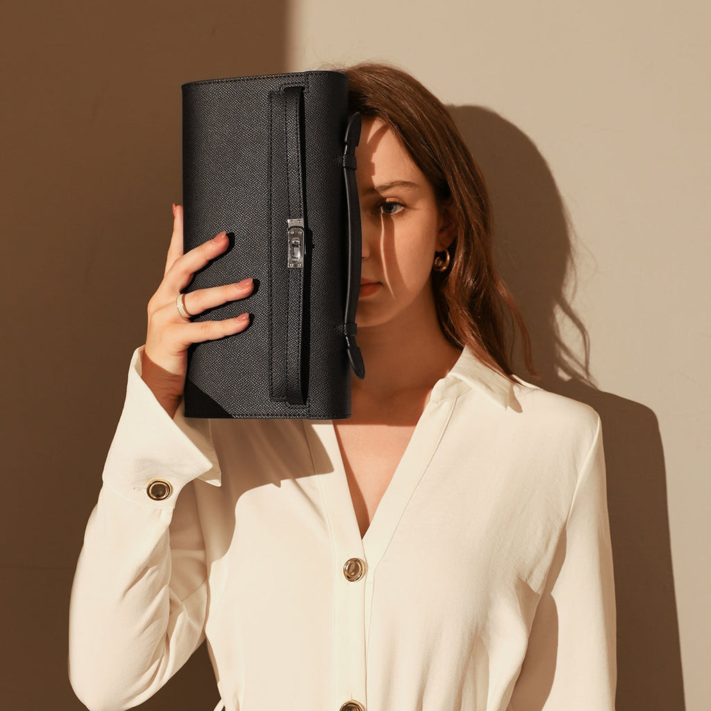 Structured Saffiano Leather Top-Handle Clutch – Elongated Evening Bag with Silver Turn-Lock & Contrast Stitching