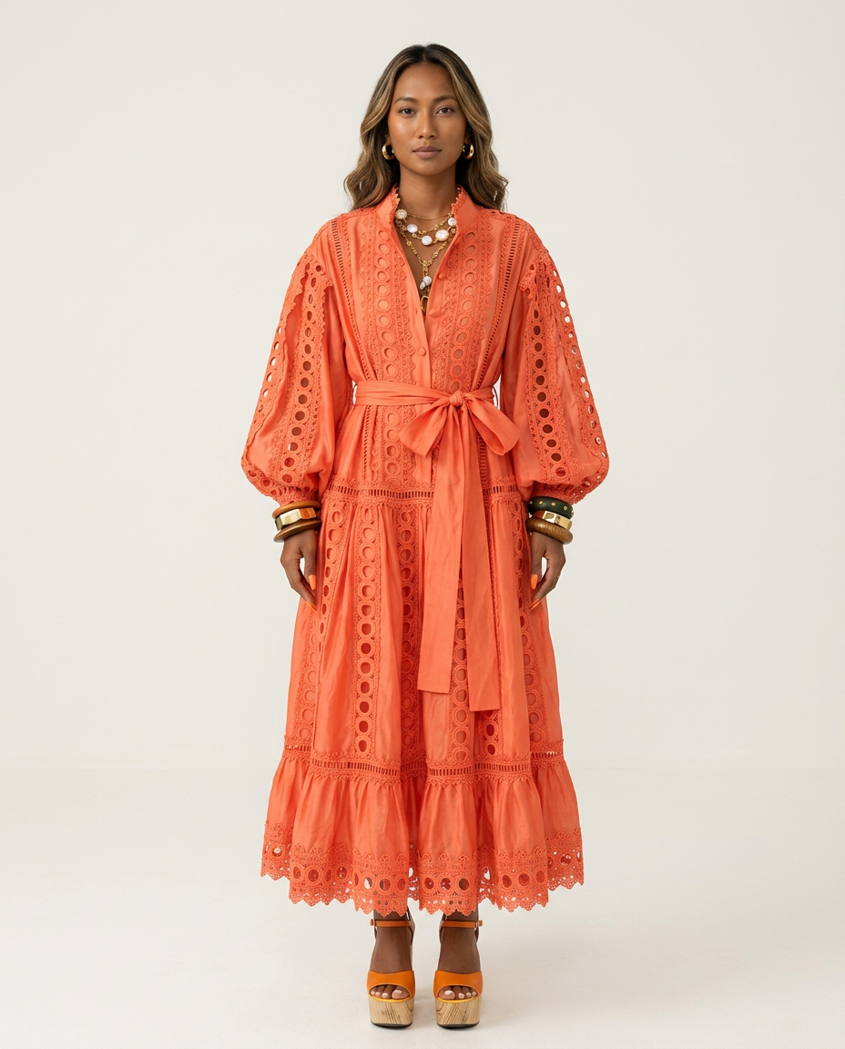Graceful Lace Lantern Sleeve Dress-2