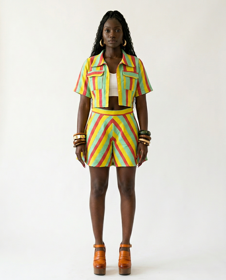 Vibrant Striped Cropped Two-Piece Set-0