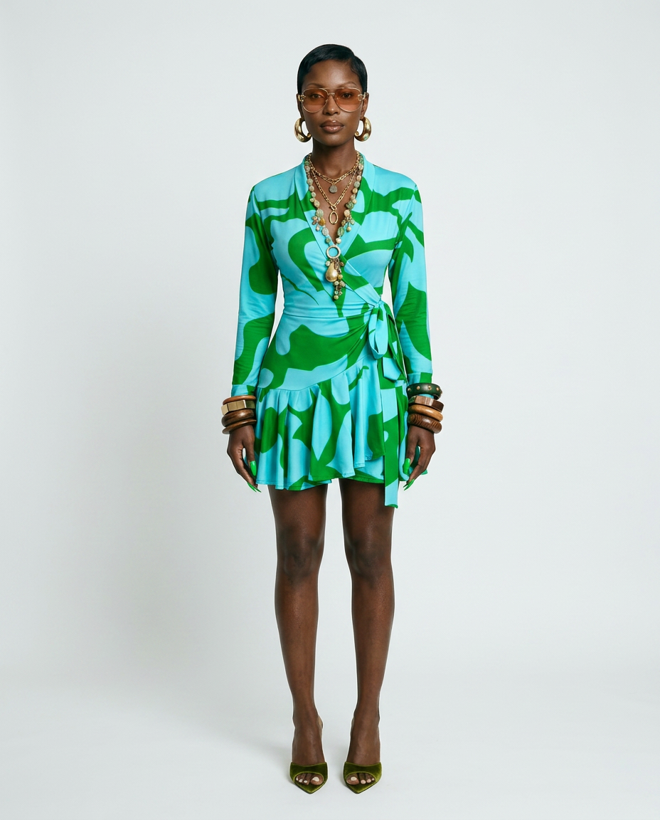 Vibrant Printed Ruffle Wrap Dress-2