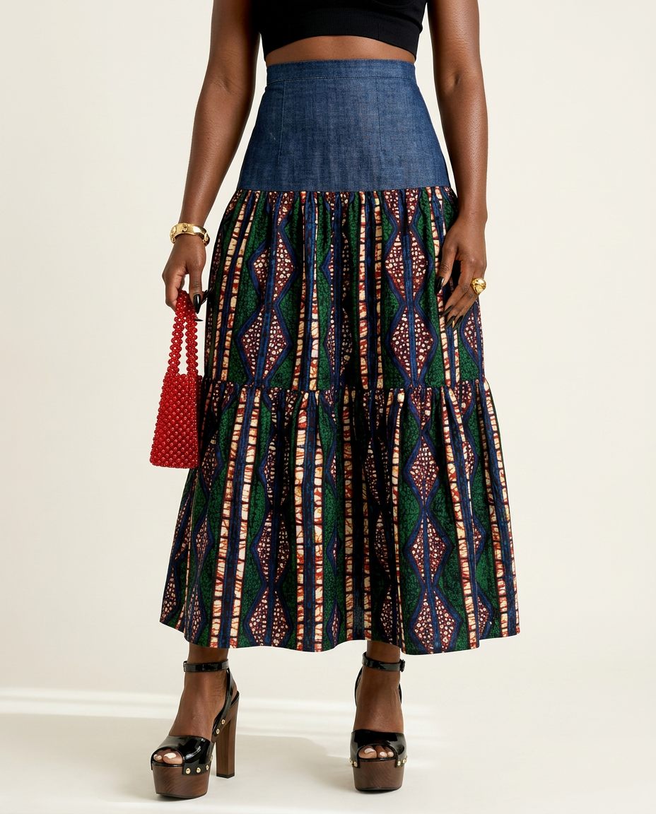 Adventurous Ankara Denim Maxi Skirt-0