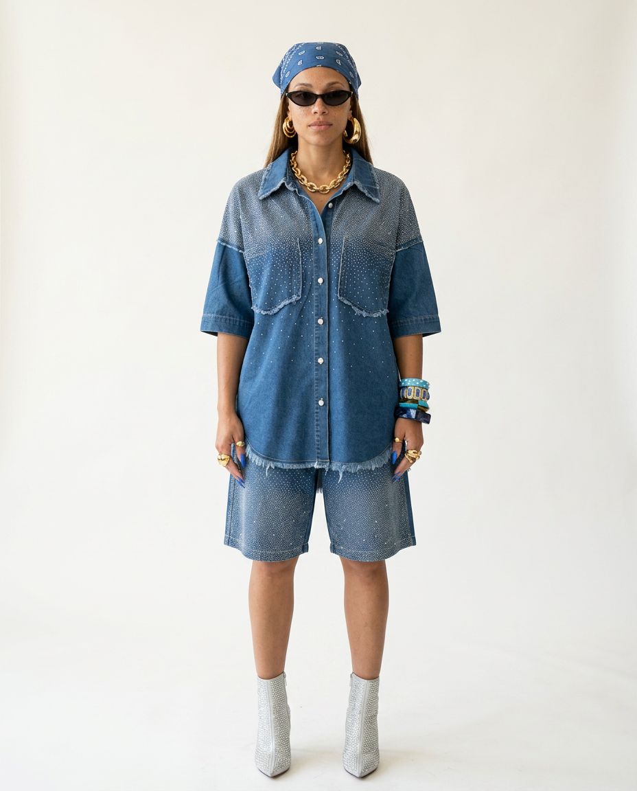 Vibrant Crystal Denim Two-Piece Set