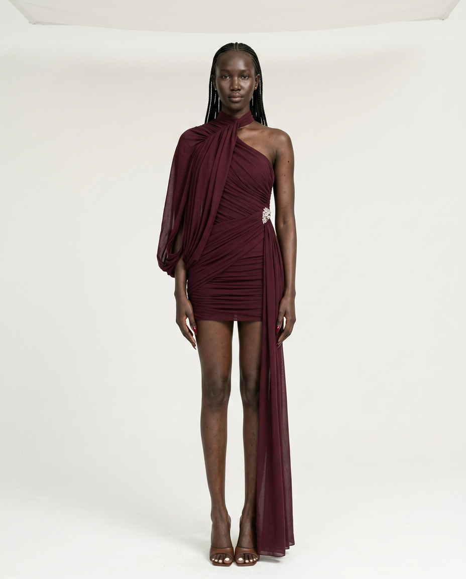 Burgundy Ruched Tassel Mini Dress