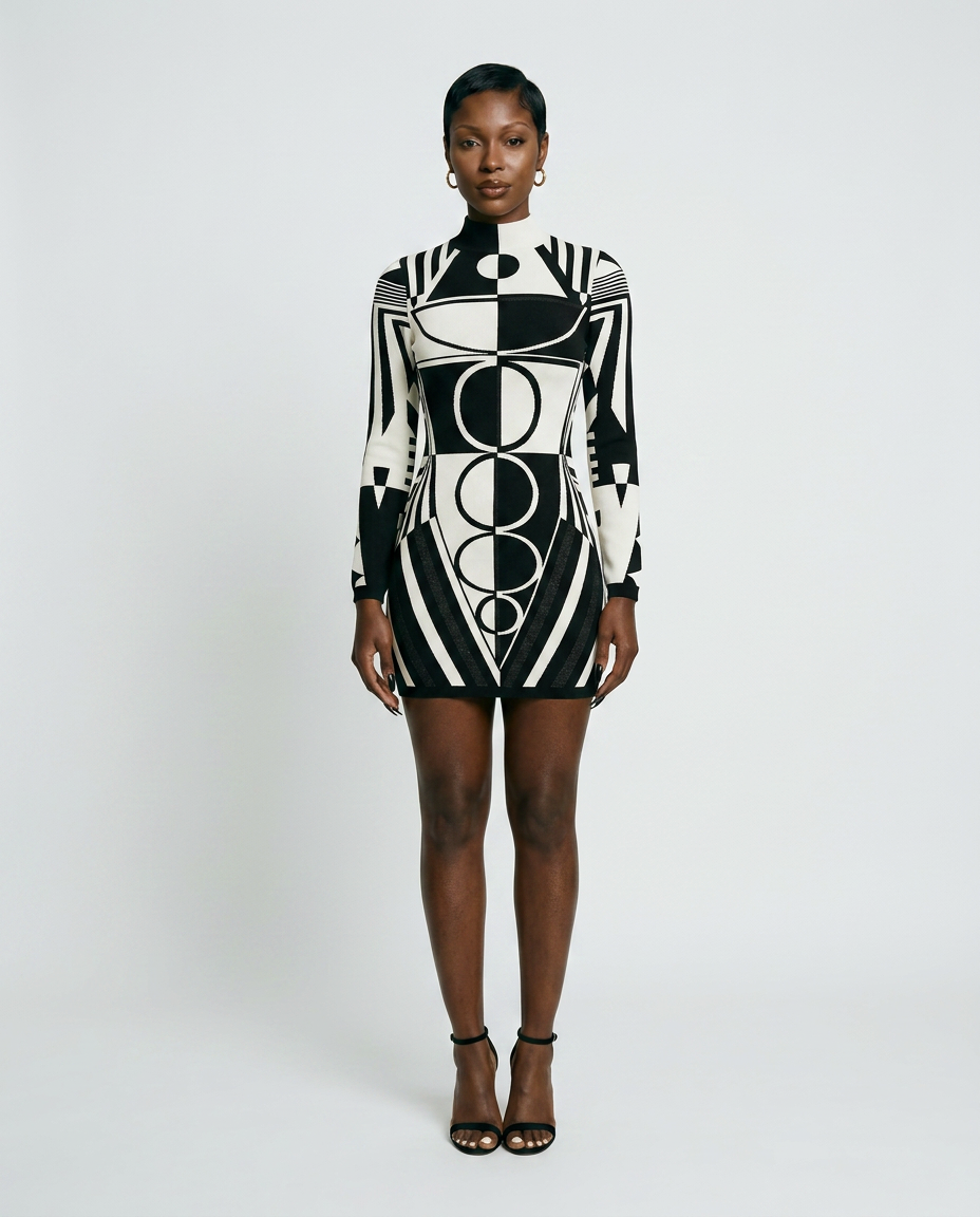 Ivory & Black Geometric Knit Dress