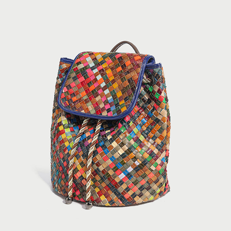 Sunset Multicolor Woven Leather Flap Backpack – Tropical Diamond Weave Drawstring Daypack