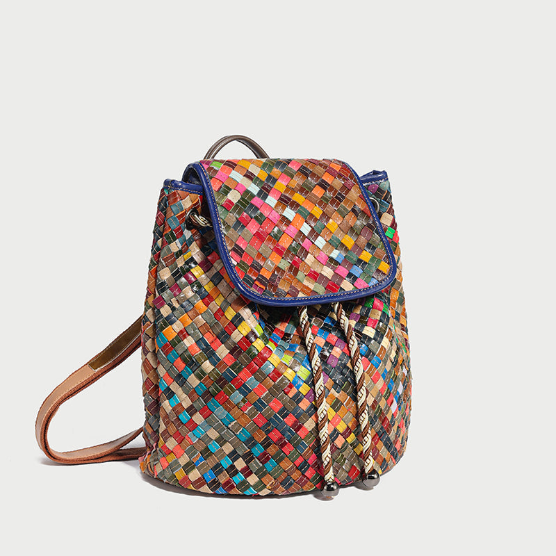 Sunset Multicolor Woven Leather Flap Backpack – Tropical Diamond Weave Drawstring Daypack