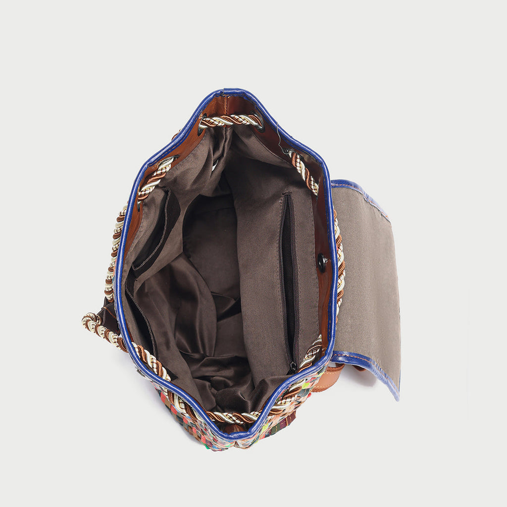 Sunset Multicolor Woven Leather Flap Backpack – Tropical Diamond Weave Drawstring Daypack